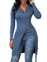 Camiseta de manga larga con cuello en V y cremallera de hilo con abertura alta para mujer Otoño Invierno